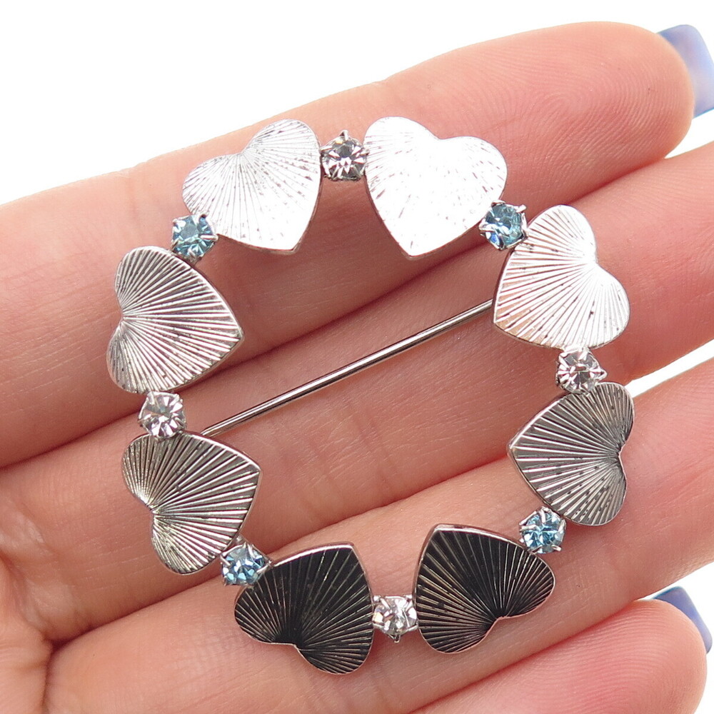 CARL ART Sterling Silver Vintage Blue & White Rhinestone Heart Circle Pin Brooch
